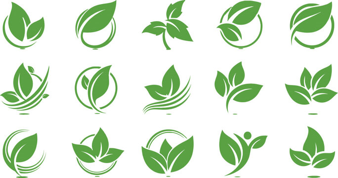 Set of organic green leaf icons and environmental symbols with green leaves