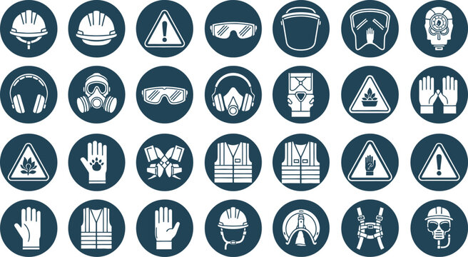 Industrial safety equipment and protective gear icons collection with hard hat