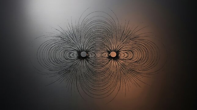 Abstract visualization of magnetic field lines revealing invisible forces and interaction between two opposing poles in a scientific concept rendering