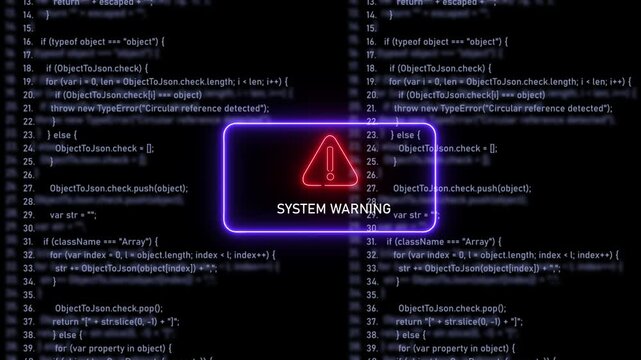 Digital system warning alert with glowing neon red warning and purple frame overlaying scrolling software source code background, for cybersecurity, programming, data breach, and, tech error concepts