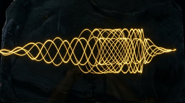 Dynamic golden light waves and intricate spirals weave through the darkness, illustrating the beauty of abstract scientific principles and energetic flows in a captivating visual