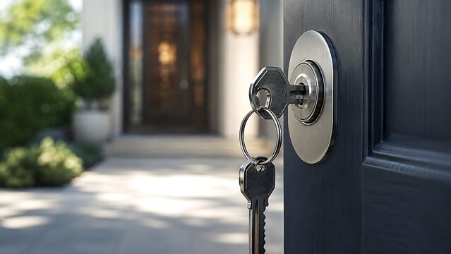 House key inserted in modern front door lock for real estate and home ownership concept