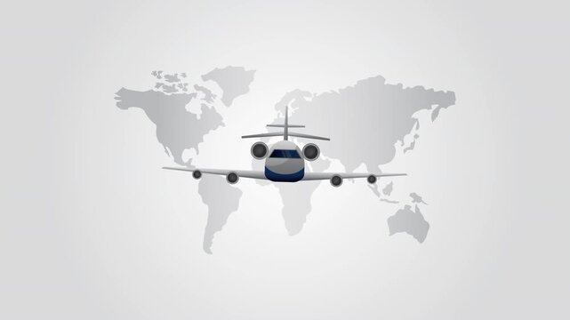Animation of commercial airplane flying over grey world map background representing international travel and global logistics.