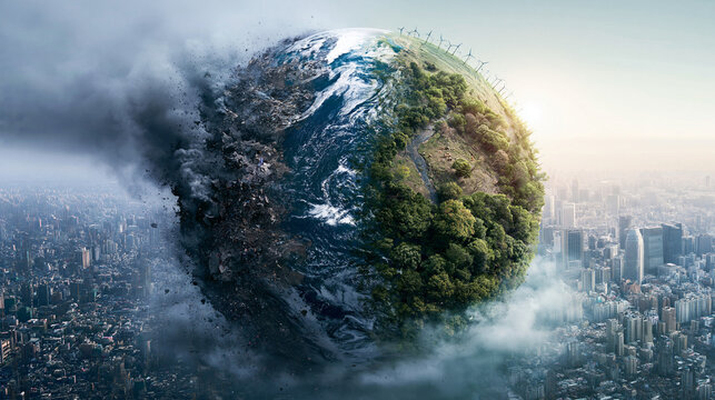Earth exploding with urban pollution and industrial debris contrasted by green nature and wind turbines.