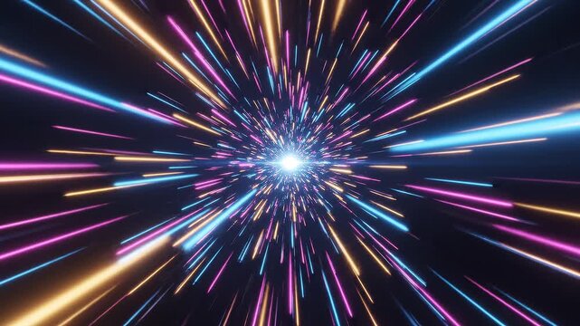 Cinematic abstract background with glowing neon light streaks moving at hyper speed in dark space