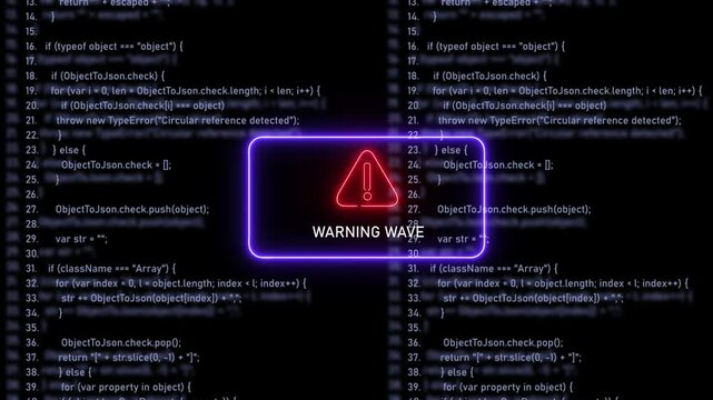 Cybersecurity warning wave alert neon sign glowing over scrolling software source code background, for digital technology, data breach protection, network security, system, error, and programming