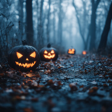 Spooky carved halloween pumpkins glowing along a misty blue forest trail with jack o lantern