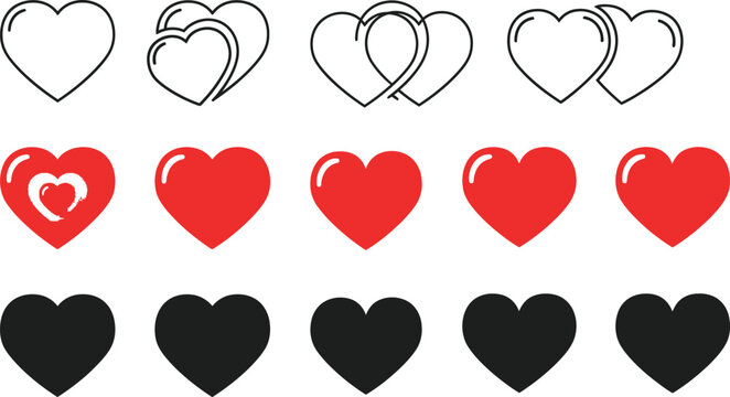 Heart shapes set in outline red and black vector illustration with heart shape