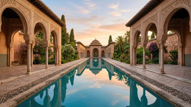 A serene historical Moorish courtyard featuring a long reflecting pool framed by ornate arches and lush green palm trees under a tranquil golden hour evening sky in Granada, Spain