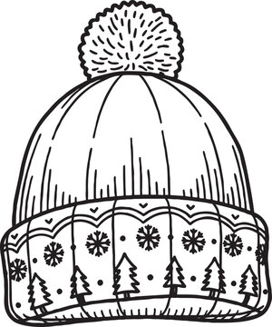 Hand drawn winter beanie hat with pompom featuring snowflake and evergreen tree patterns for coloring book or seasonal design snowflake evergreen clothing accessory christmas seasonal