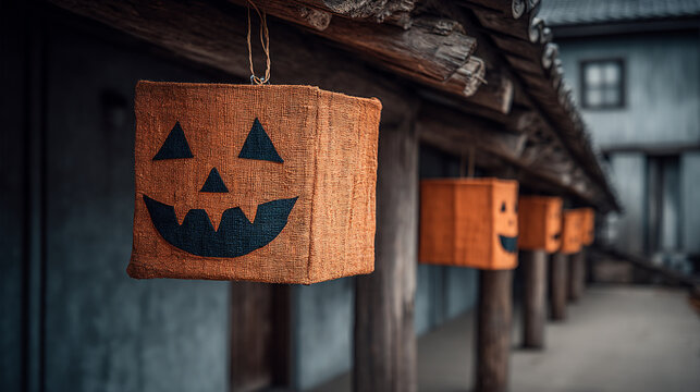 Hanging square jack o lantern lanterns glowing along a traditional building porch