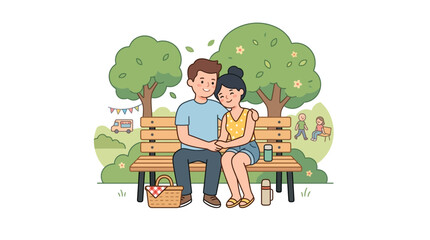 Fototapeta premium Romantic couple sitting on park bench with picnic