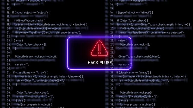 Cybersecurity warning alert featuring a glowing neon red warning triangle and digital hack pluse text overlaying scrolling javascript source code background, for advanced network, security concepts
