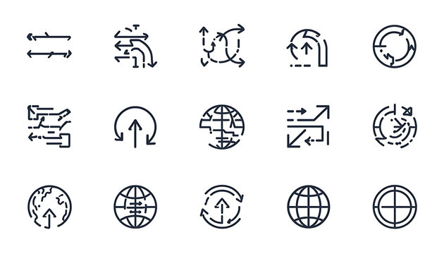 Global routing and navigation flow symbols with globe and arrow icons navigation direction movement connection strategy communication isolated