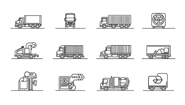 Set of linear vector icons representing various types of delivery trucks and freight transport with transport delivery shipping logistics automotive