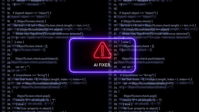 Advanced ai fixer software interface displaying real-time automated error detection and debugging processes within complex computer programming source code lines for modern cybersecurity