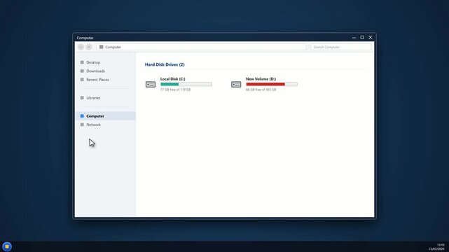 Computer operating system interface showing disk drive storage. 4K Video