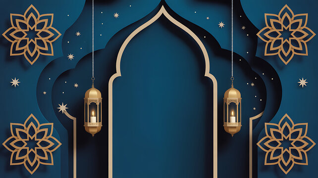Ramadan kareem background with islamic arch, hanging lanterns and floral decorations