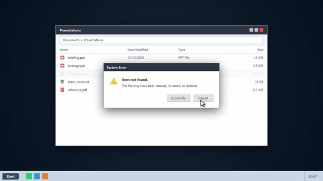 System error message showing file not found on desktop. 4K Video