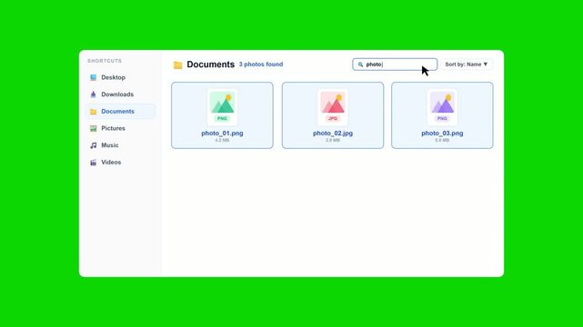 Searching for files in a digital explorer window on green screen. 4K Video