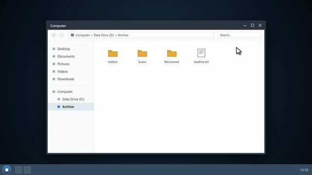 Operating system file manager window searching for digital documents. 4K Video
