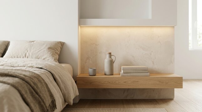 A cozy bedroom features a warm wooden floating shelf holding decorative pottery and books beside a comfortable bed draped with soft neutral linens under glowing architectural lighting