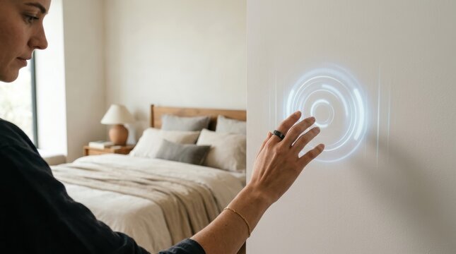 A woman interacting with an advanced futuristic holographic control panel mounted on a wall inside a comfortable domestic bedroom featuring a neatly made bed and soft natural daylight