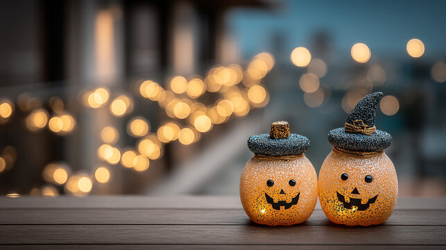Cute glowing halloween pumpkin jars with hats on wooden table against blurred bokeh lights