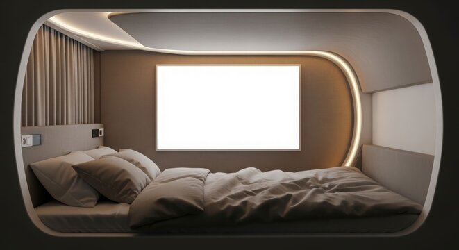 Modern minimalist sleeping pod interior with comfortable bed and ambient lighting.