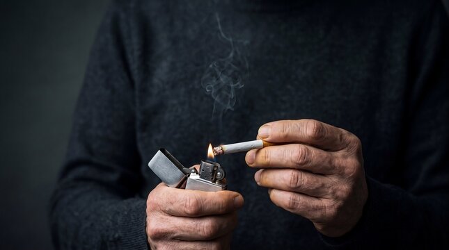 Close up of man hands lighting a cigarette with lighter stock photo