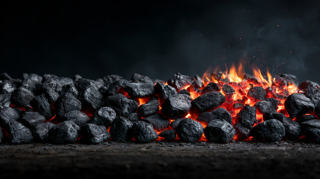 Fiery charcoal pile with vibrant orange embers radiating intense heat and smoke for energy themes.