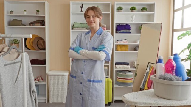 Woman cleaner with blue gloves and crossed arms beside laundry bucket, shelving and ironing board in a laundry room; home care confidence.
