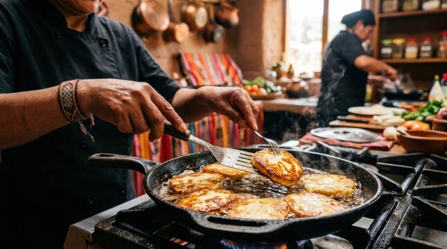 A close-up of a Peruvian chef's hands frying slices of queso blanco in a hot pan, the cheese sizzling, the edges becoming slightly crispy. The hands are steady, the cheese is golden.