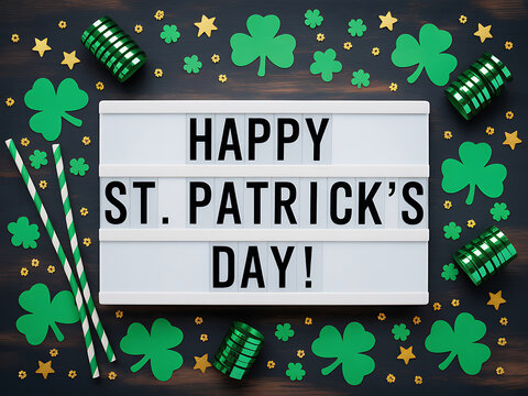 Happy st patricks day lightbox sign with clover leaves and golden stars on wood patricks lightbox