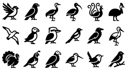 Naklejka premium Collection of diverse bird silhouette icons including eagles, peacocks, and storks for wildlife and nature graphic design projects