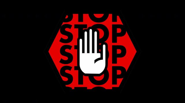 A hand stop sign with the word STOP animation on hexagon shape in isolated transparent background