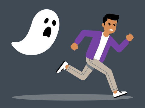 Cartoon Man Fleeing Spooky Ghost Vector Illustration