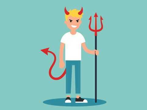 Devil boy character illustration with horns, tail, and pitchfork