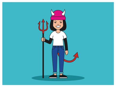 Cartoon Girl in Devil Costume with Pitchfork and Horns Illustration