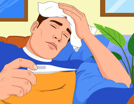 Illustration of a sick man resting on a sofa with a thermometer and a cooling compress on his forehead
