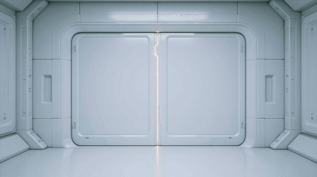 Futuristic clean sliding door design with white metal textures for sci-fi interior environments.