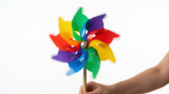 Hand holding a spinning colorful pinwheel toy against a plain white studio background with pinwheel childhood spinning colorful cheerful activity playtime decoration entertainment recreation