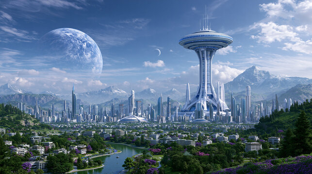 Futuristic solar city nestled in lush valley with tall spires and giant planetary moon.