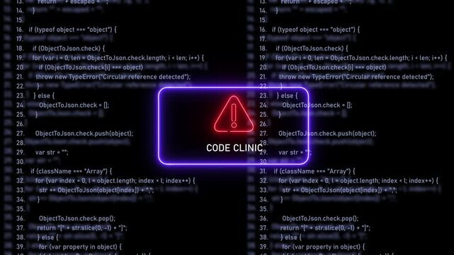 Dynamic code clinic neon warning sign over scrolling javascript programming syntax background, for software development, cybersecurity, debugging, and, technical troubleshooting concepts, in modern