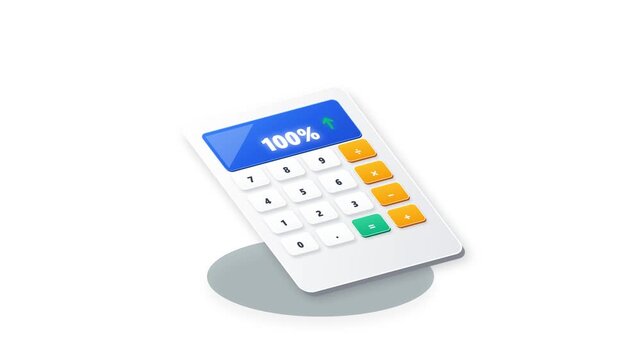 Isometric 3D calculator icon with 100% growth on blue screen representing financial rise and profit increase