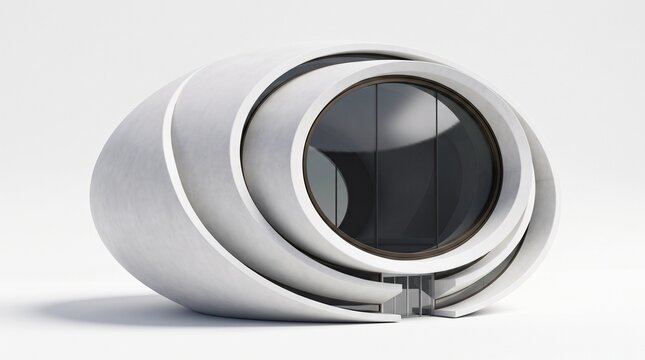 Modern Futuristic Oval Building with Organic Layered Concrete Architecture Design and Glass Windows Isolated on White Background.