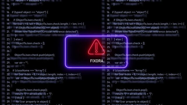 Dynamic neon warning sign displaying fixora system error over blurred javascript programming code background, for cybersecurity, software, development, and high-tech, digital troubleshooting concepts