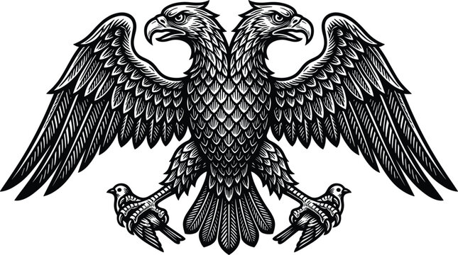 Majestic double headed eagle heraldic emblem vector illustration isolated on white background for imperial coat of arms design (17 words)