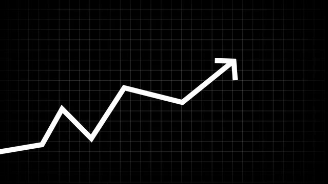 White upward trending line graph with arrow on a black background with a subtle grid pattern indicating financial progress and economic growth