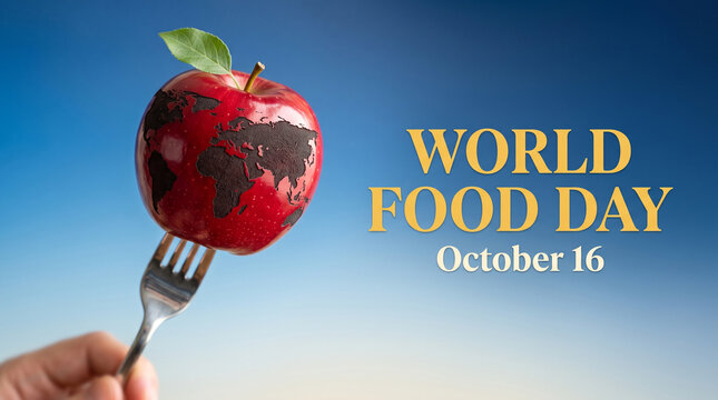 Red apple shaped like globe on fork for world food day october 16 concept against blue sky background with food security